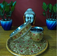NEELMAYA Stainless Steel  Decorative  karwa chauth thali set pack of 1 - Free Size, Golden, Stainless Steel, Karwachuth, Set of 3